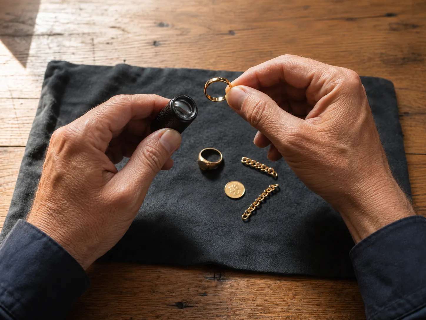 Juwelier prüft Goldring mit Lupe – persönliche Bewertung im Brunswiker Antik Pavillon