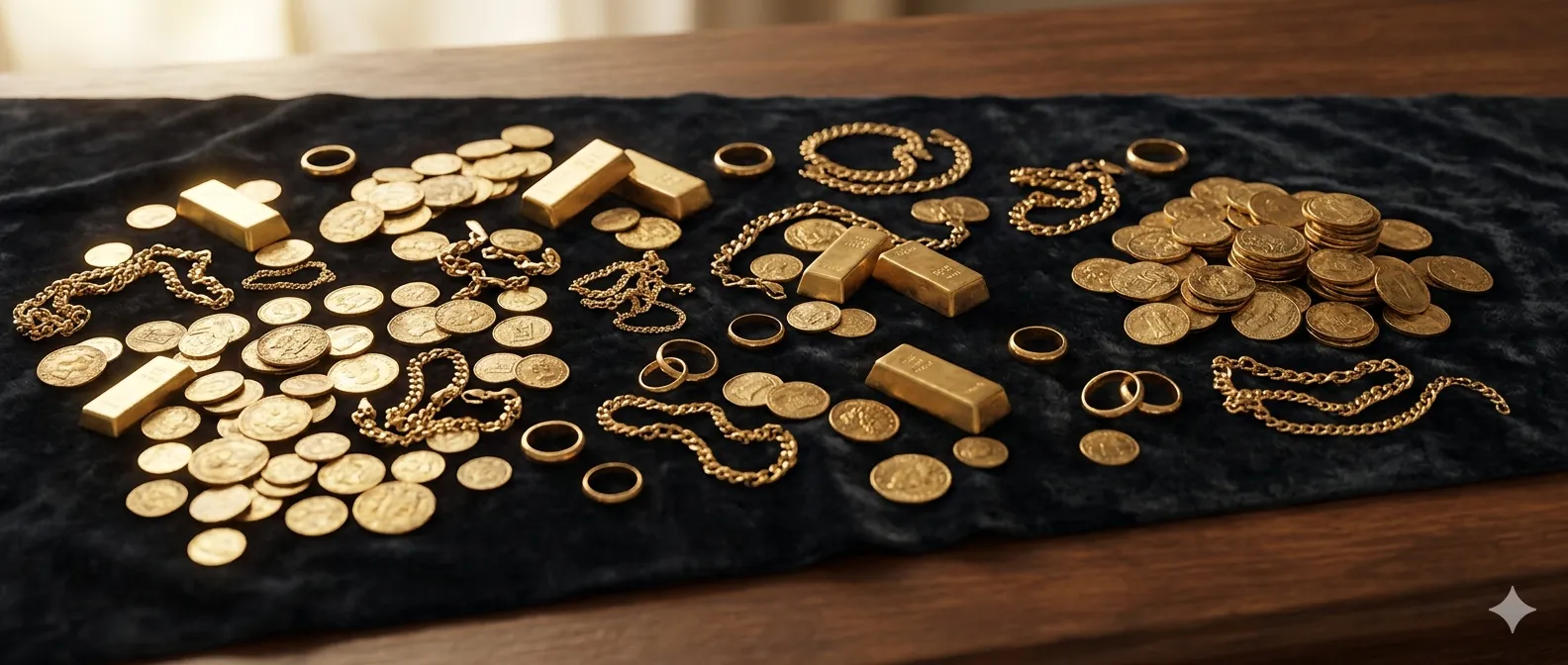 Sammlung aus Goldmünzen, Goldbarren und Bruchgold auf dunklem Tuch