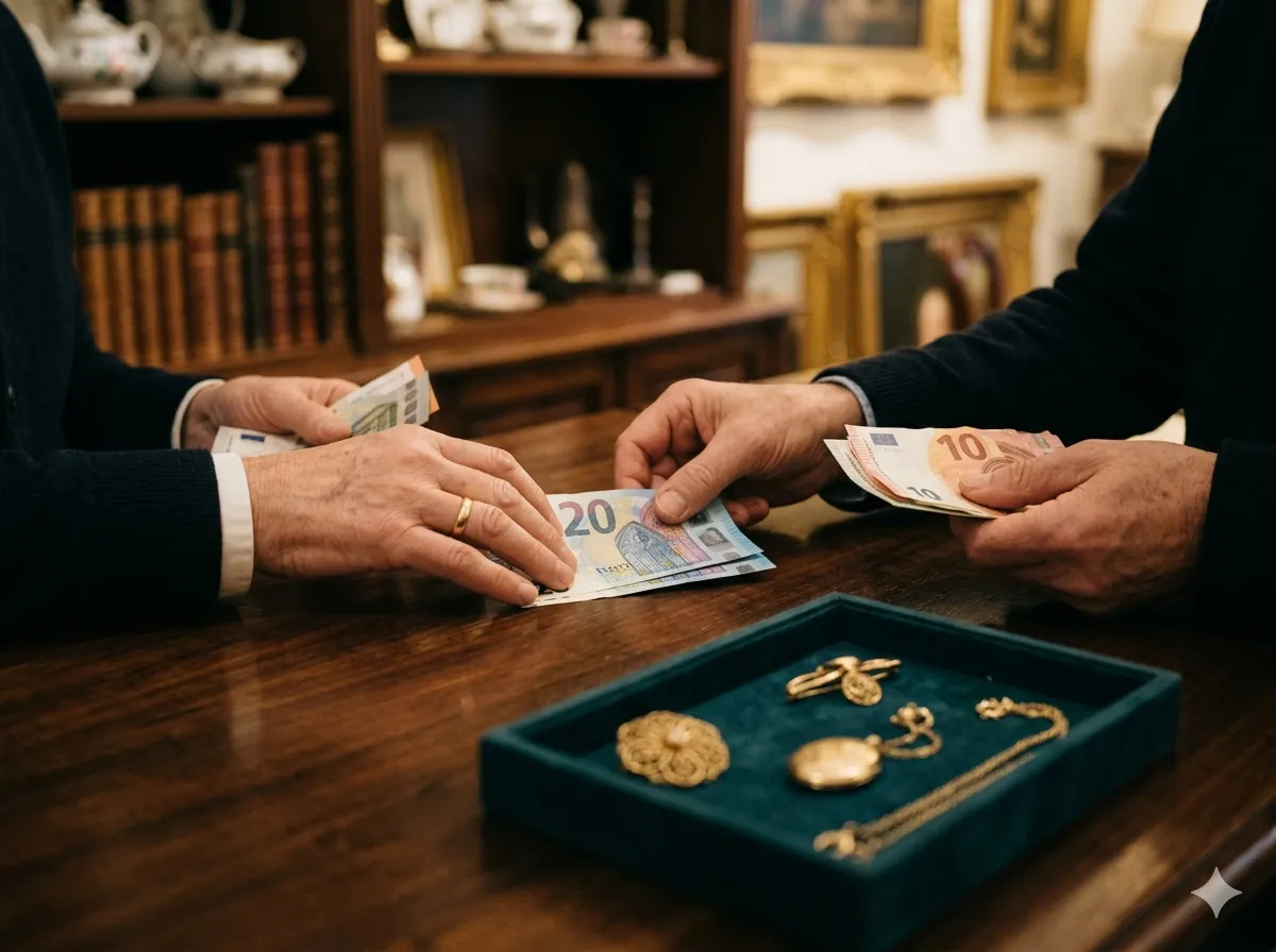 Übergabe von Bargeld über einen Tresen mit Schmuck-Tablett